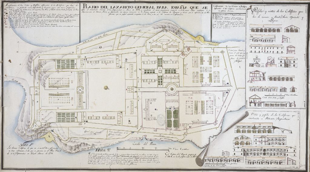 Plano del lazareto general para España, planta y alzado, por Manuel Pueyo, 1795 (SHM, 3588-17)