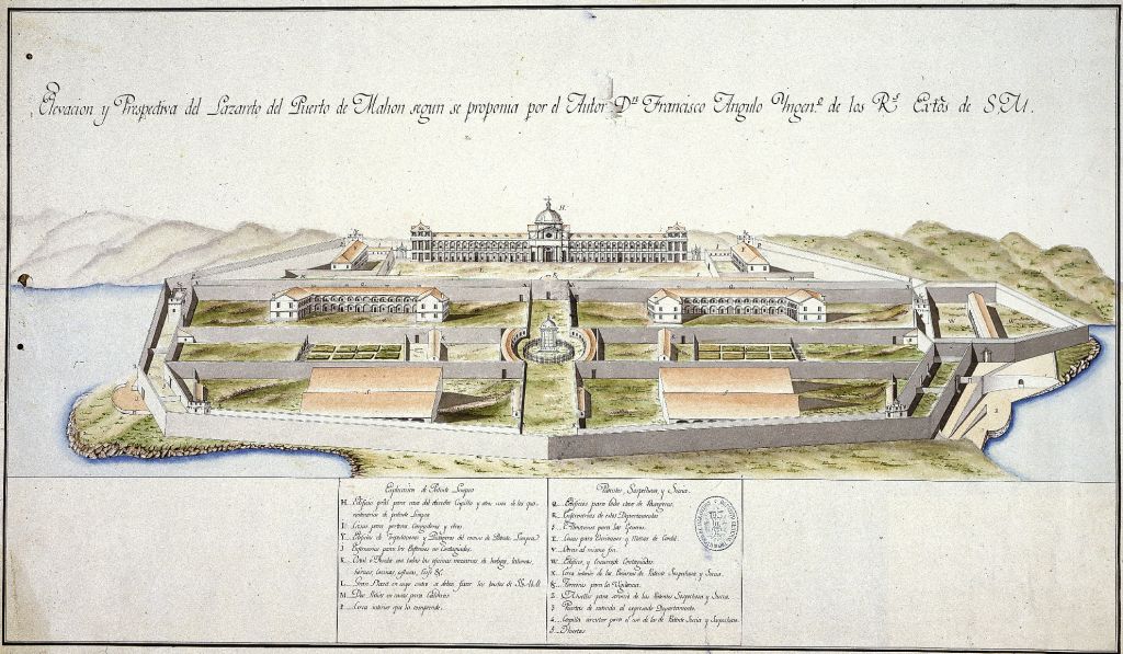 Elevación y Perspectiva del lazareto del puerto de Mahón, vista, por Francisco Angulo, 1795 (SHM, 3588-11)