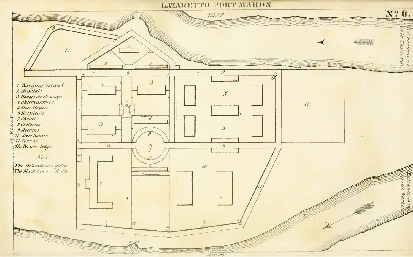 Lazaretto Port Mahon (Horner, G.R.B. Medical and topographical observations upon the Mediterranean; and upon Portugal, Spain and other countries. Filadelfia: Haswell, Barringtaon and Haswell, 1839, pl. 6)
