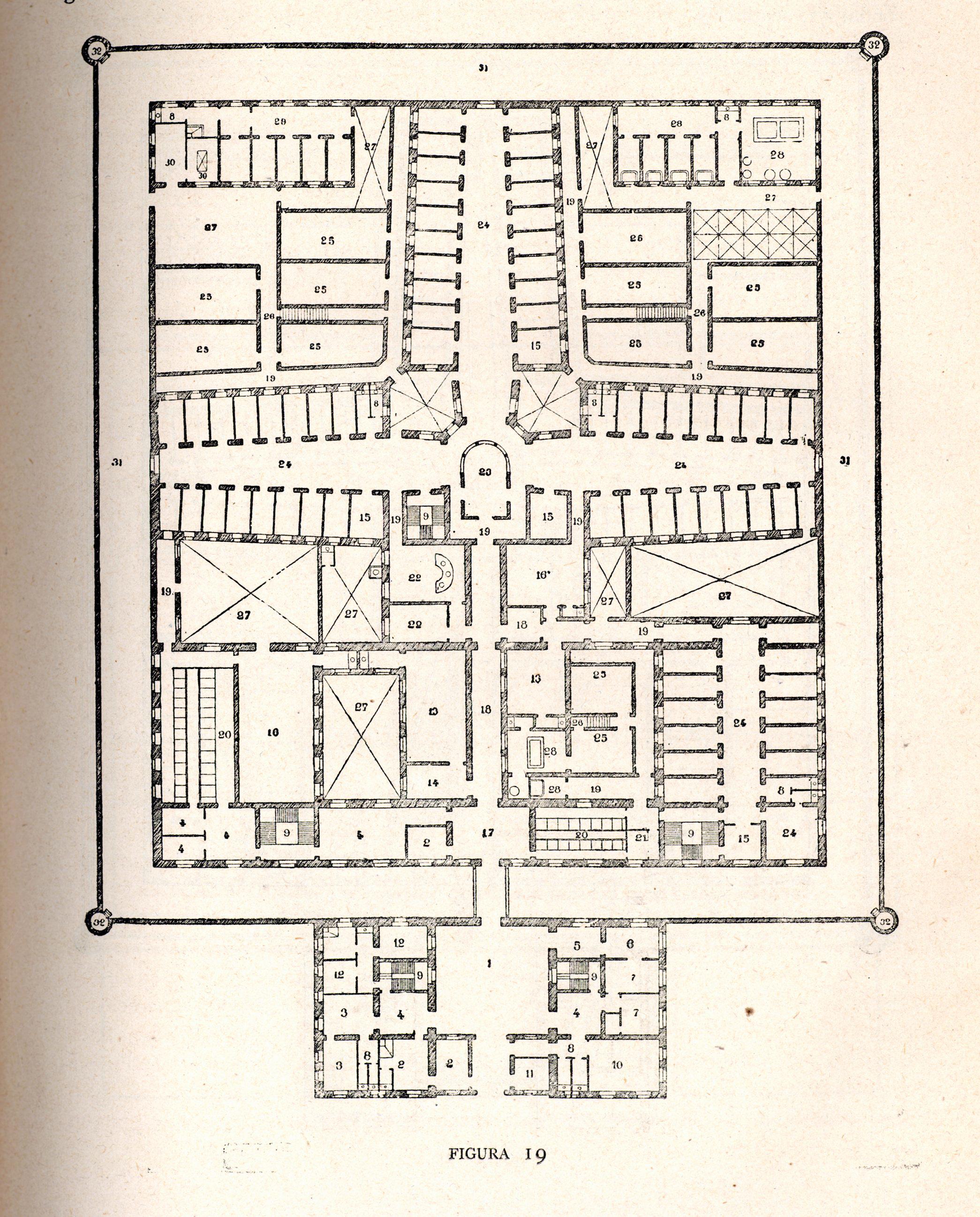 Modelos de Tomás Aranguren para una cárcel de 100 celdas en el Programa para la construcción de cárceles de 1877. Anuario penitenciario de 1889